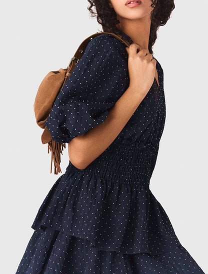 MJ Ruffle And Rhinestone Mini Dress in Navy Blue