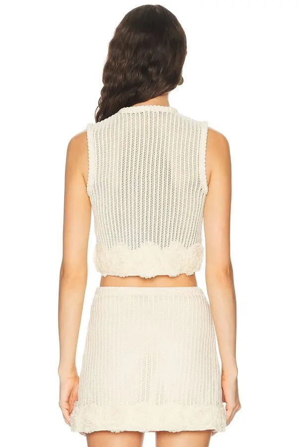 2 Colors! SP Crochet Flower Knit Sheer Crop Top | Mini Skirt | 3D Rosette Yellow & Cream Set