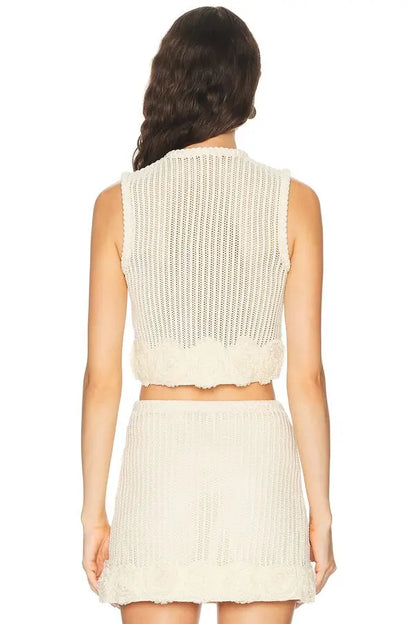 2 Colors! SP Crochet Flower Knit Sheer Crop Top | Mini Skirt | 3D Rosette Yellow & Cream Set