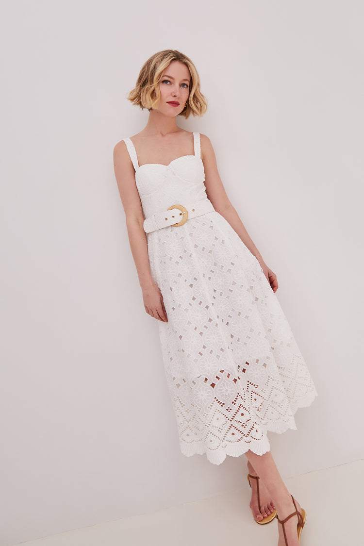 CC Calypso Bustier Belted Midi Dress in Floral Linen | Trellis Eyelet White Cotton