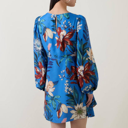 FR Blue Surreal Flowers Viscose Wrap Mini Dress