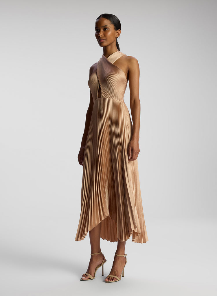 ALC Athena II Satin Pleated Halter Midi Dress in Bella Bronze Pink