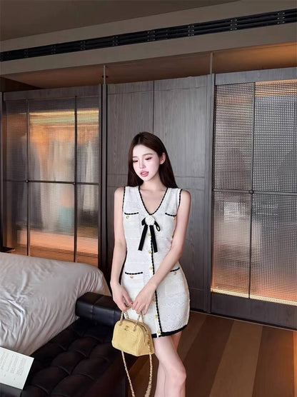 SP White Pointelle Knit Bow Midi | Mini Dress