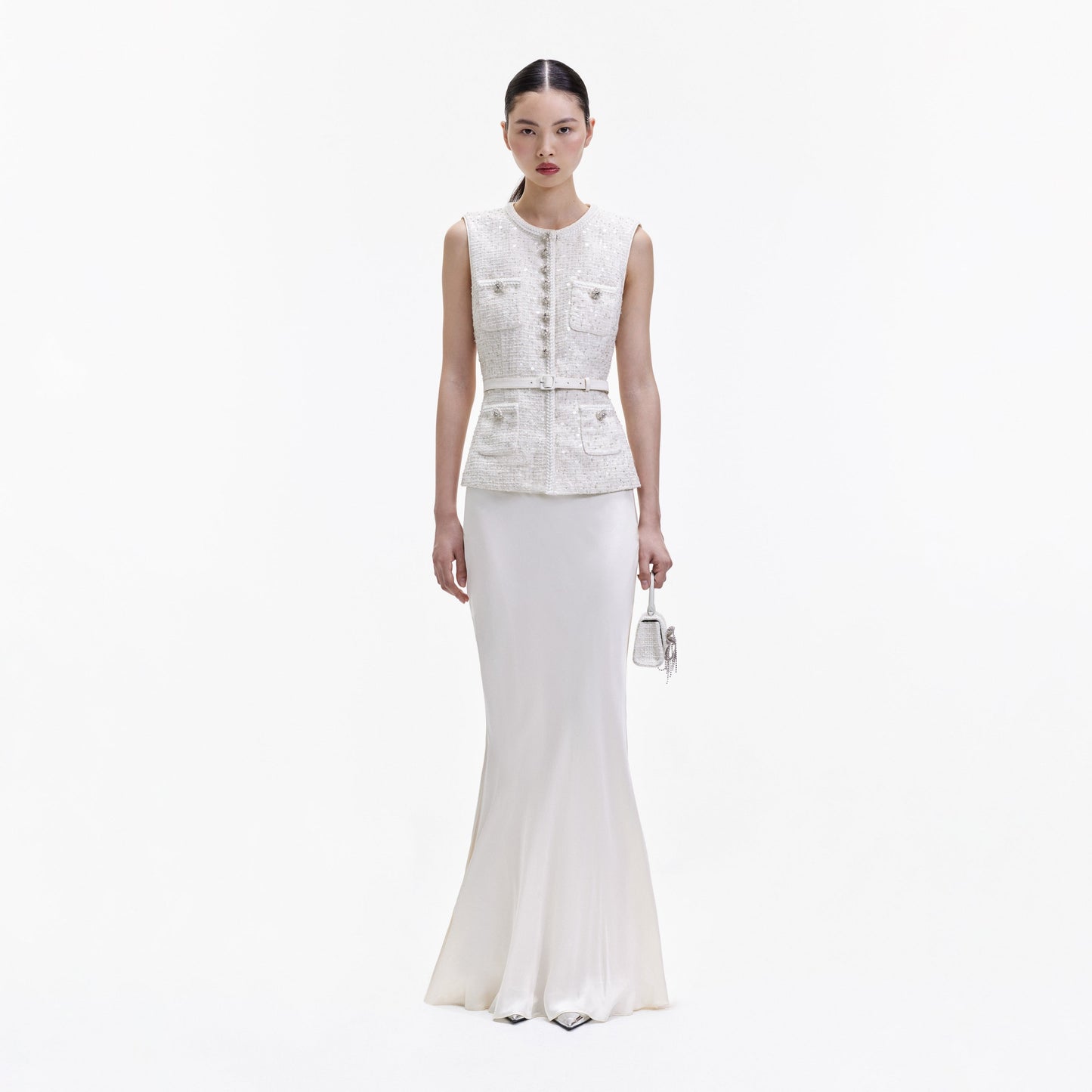 SP Cream Sequin Boucle Maxi Dress | Two Piece Vest Maxi Skirt