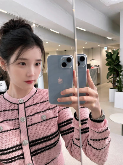 SP Pink Stripe Knit Cardigan | Mini Skirt| Jisoo Set