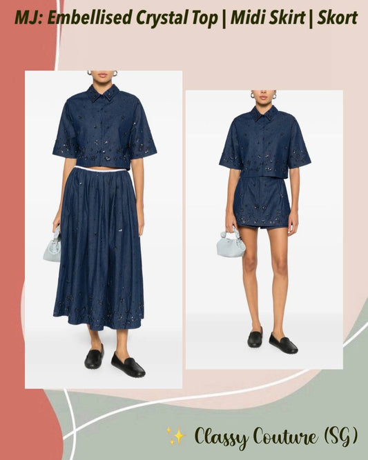 MJ Cobradi Crop Top | Jobradita Midi Skirt | Layered Shorts Skort | Embroidered Denim Embellished Crystal Set