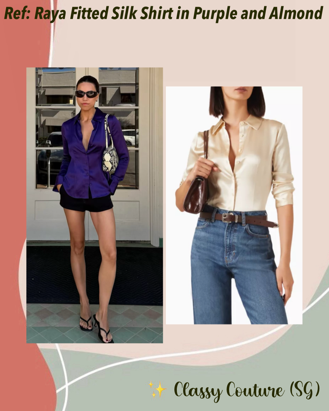 2 Colors! Ref Raya Fitted Silk Shirt in Purple and Almond