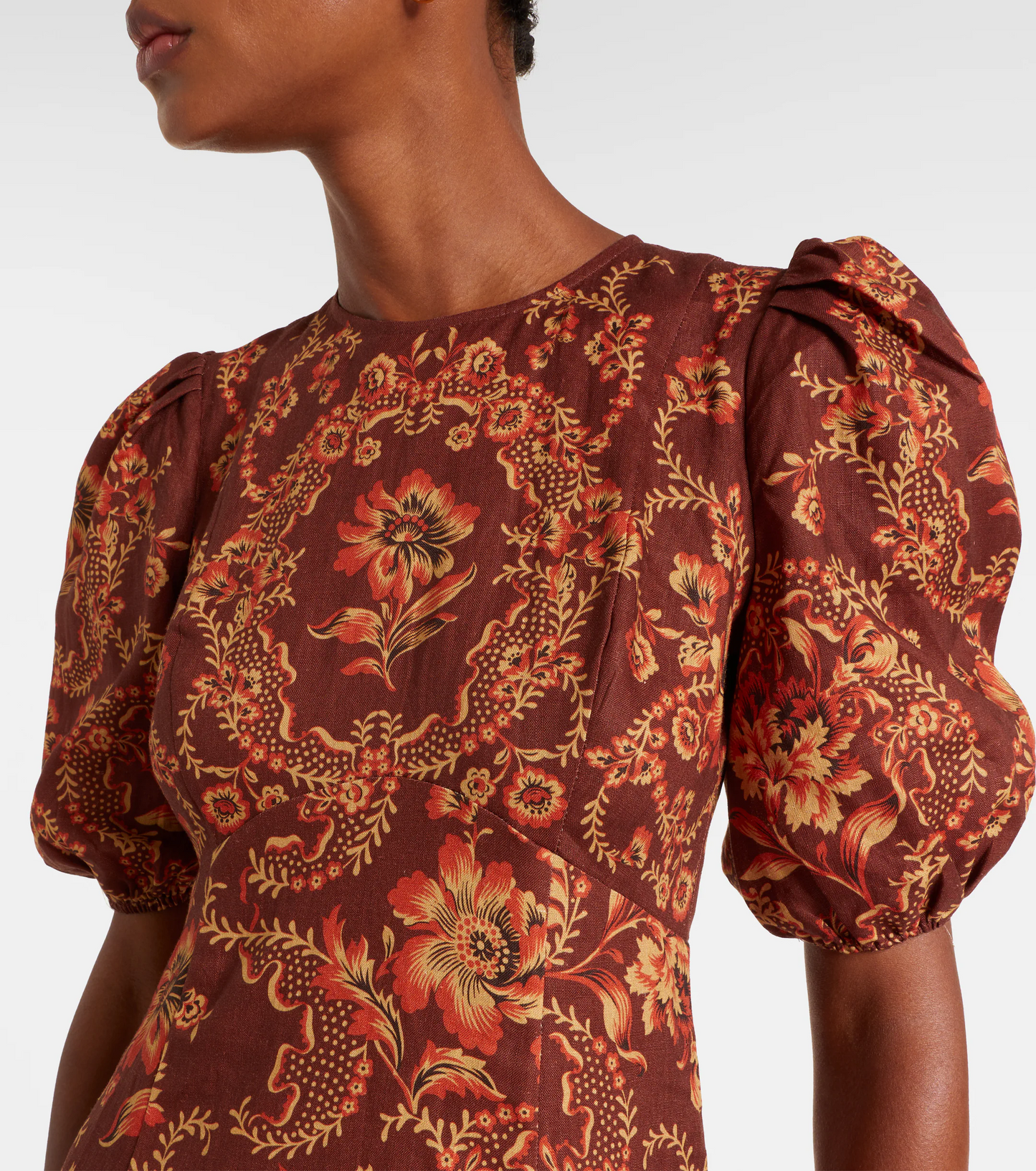ALM Seraphina Printed Puff Sleeve Linen Midi Dress