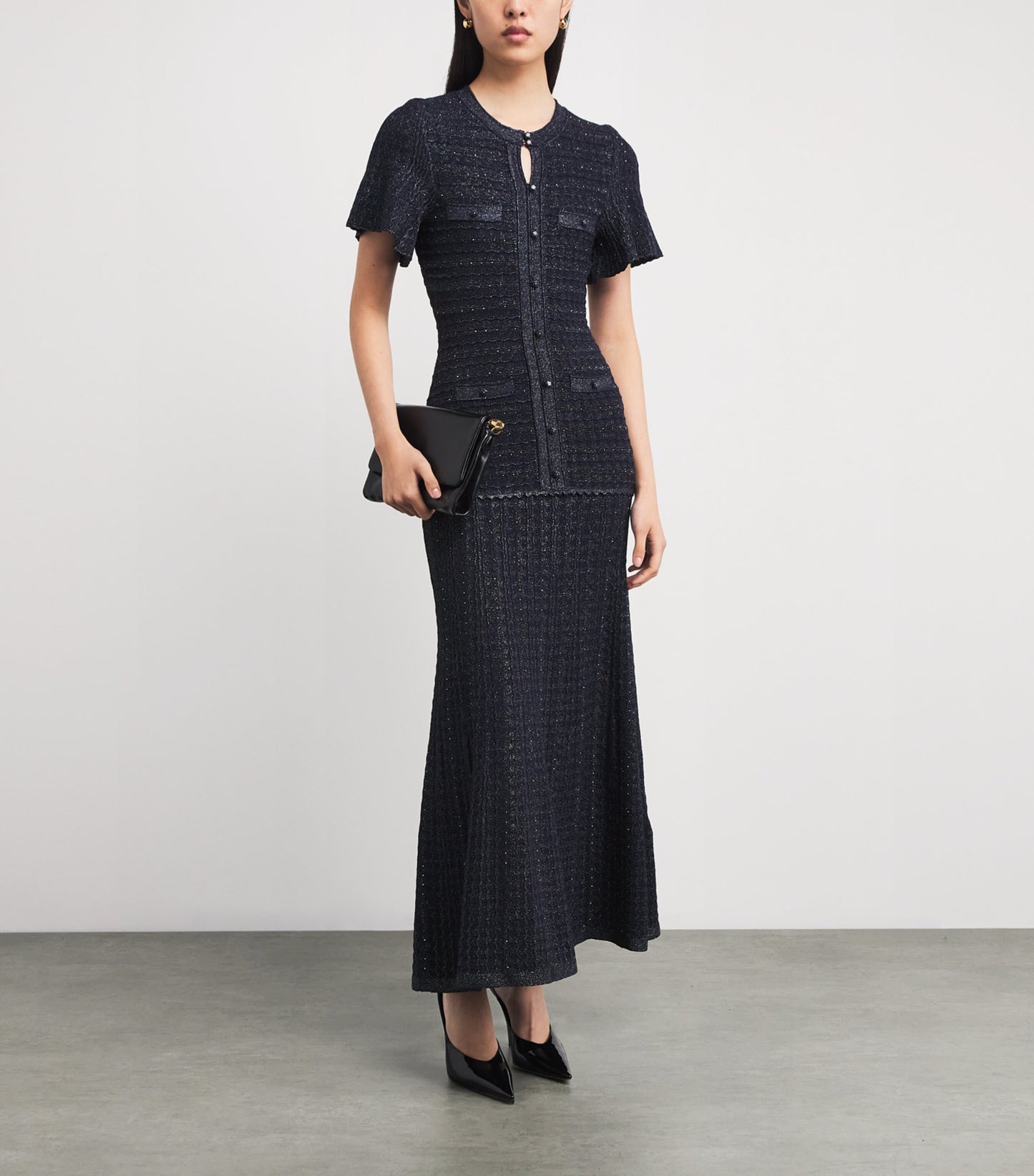 SD Diane Blue Rhinestone Viscose-blend Metallic Knit Maxi Dress