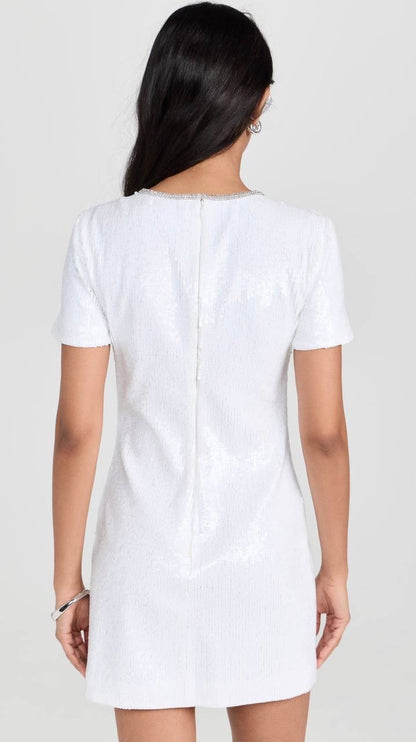 SALE! SP Jisoo White Sequin Embellished Floral Broach Keyhole Mini Dress