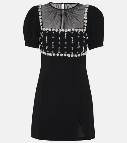 SALE! SP Blacked Tulle-panelled Crystal Embellished Crepe Puff Sleeve Mini Dress