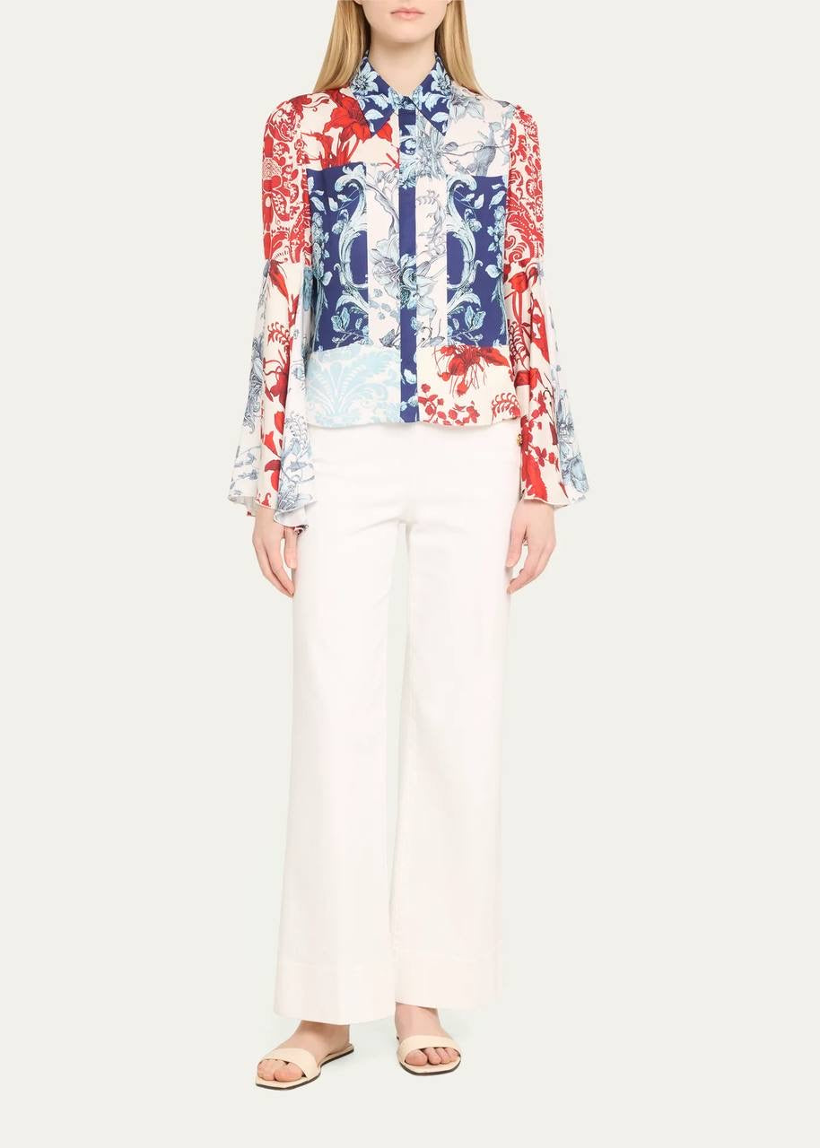 AO Willa Fitted Placket Bell-Sleeve Stretch-Silk Top