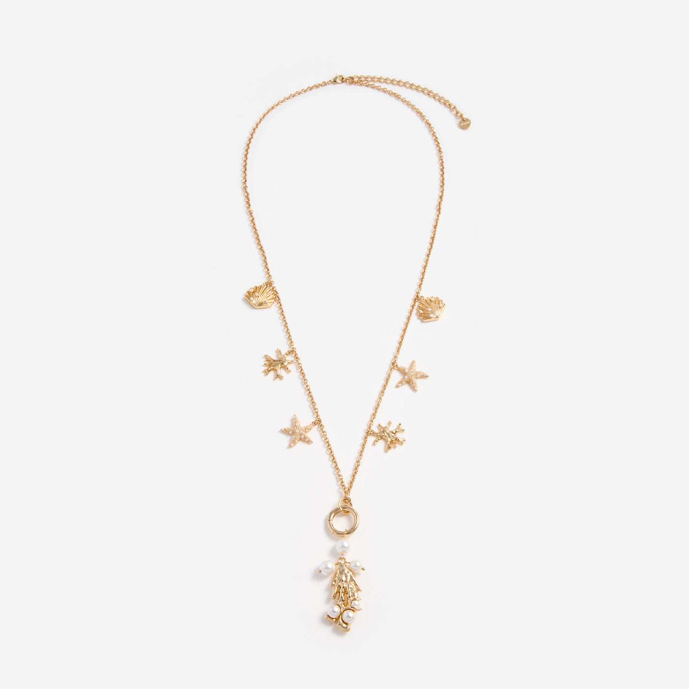 SP Gold-tone Pearl Short Shell & Long Coral Charm Necklace