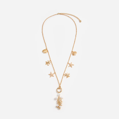 SP Gold-tone Pearl Short Shell & Long Coral Charm Necklace