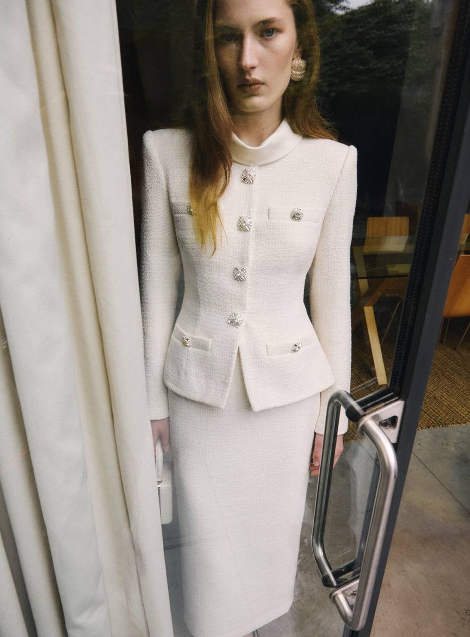 SP Cream Boucle Tailored Peplum Midi Dress