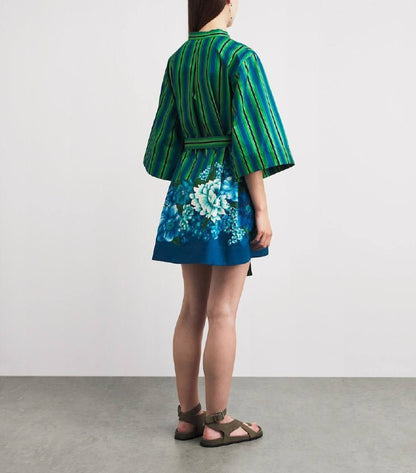 ALM004 Green/Blue Stripe Floral Bloom Organic-Cotton Mini Dress Shirtdress