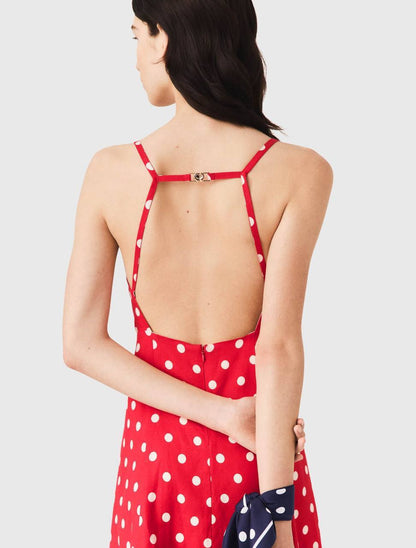 MJ Backless Linen-Blend Red Polka Dot Maxi Dress