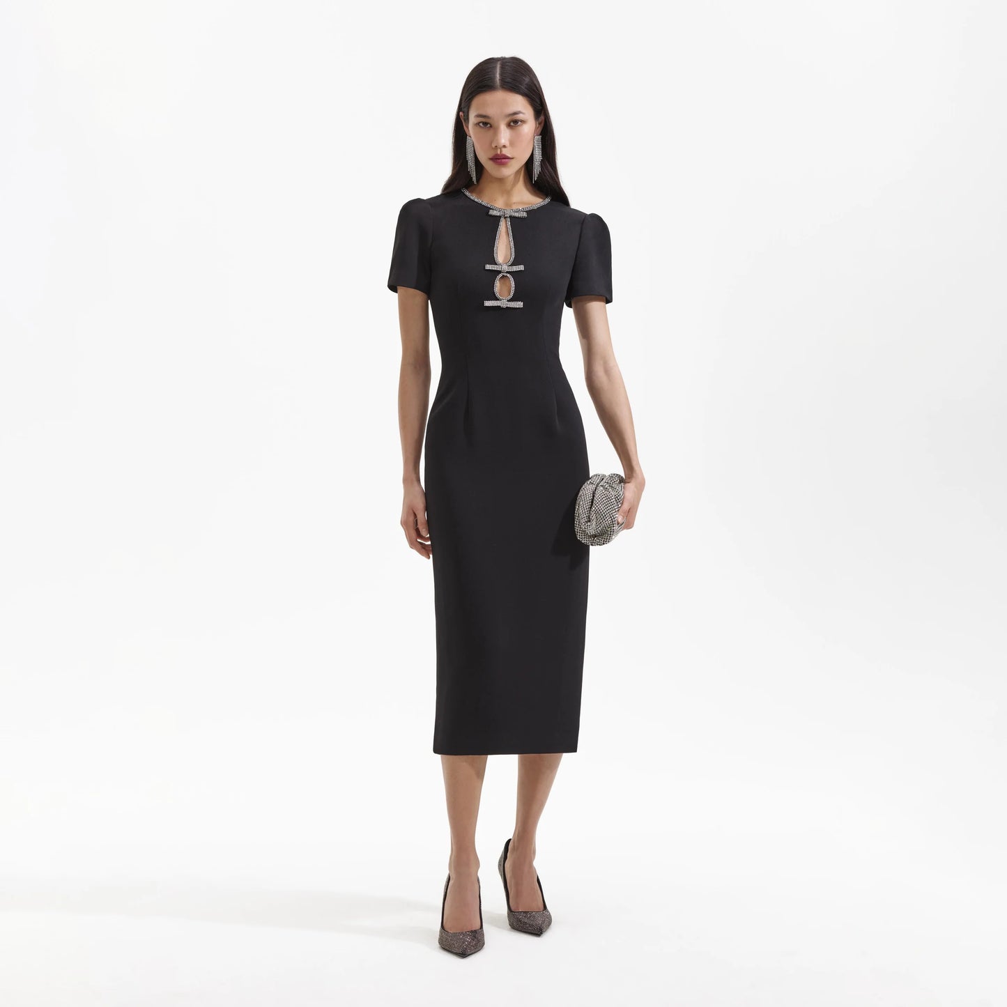 SP Black Crepe Diamante Bow Midi Dress with Cut Out