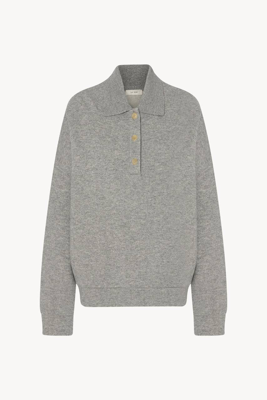TR Corzas Cashmere-Cotton Polo Sweatshirt Long Sleeve Top in Grey