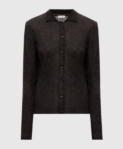 BC Sparkling Brown Ribbed Silk-Alpaca-Wool blend Cardigan