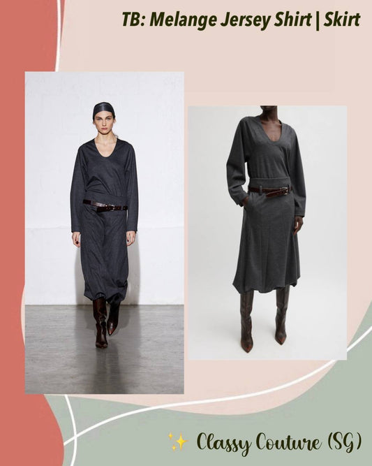 TB Melange Jersey U-Neck Top Sweater | Tucked Panel Midi Skirt | Wool-Blend Set