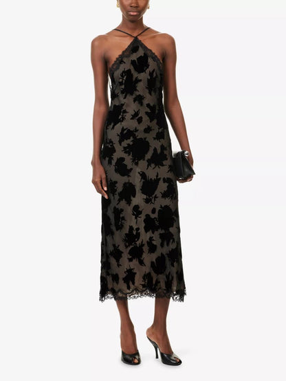 RX Harlan Velvet Devoré | Hayley Viscose-Silk Halter Midi Dress