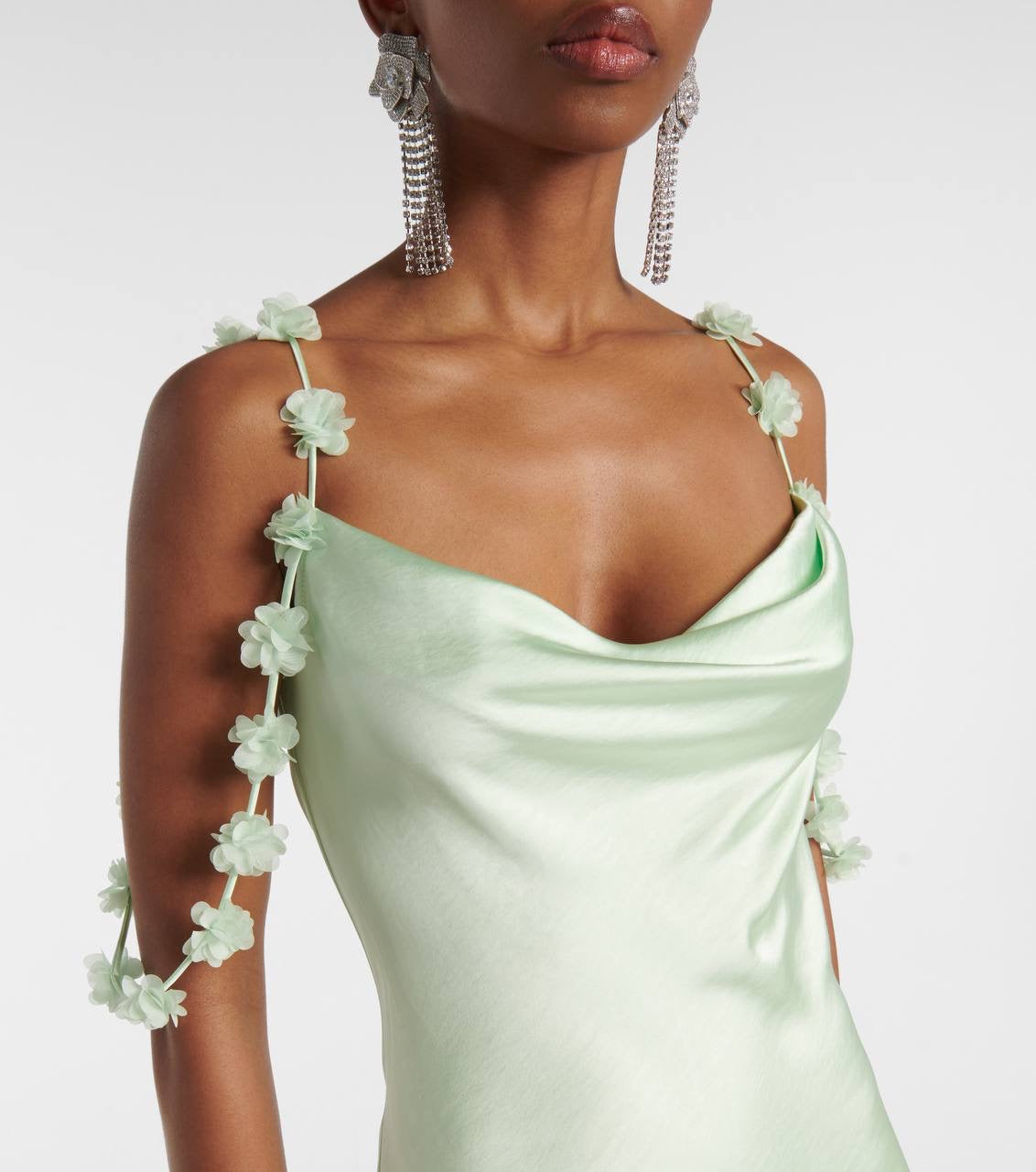 SP Mint Green Floral-Applique Cowl-neck Satin Gown Maxi Dress