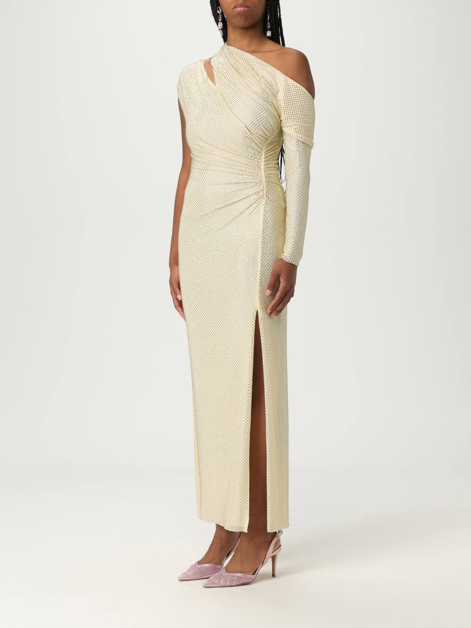 SP Yellow Asymmetric Rhinestone Gathered Midi Dress