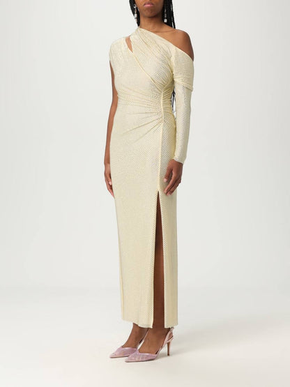 SP Yellow Asymmetric Rhinestone Gathered Midi Dress