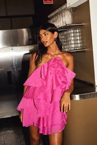 AJ Pandorea Layered Mini Dress in Fuchsia Rose