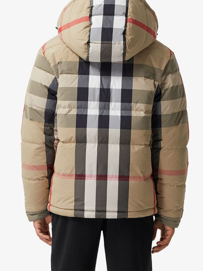 BBR Men’s / Unisex Reversible Check Nylon Puffer Hooded Jacket (Down feather-filled)