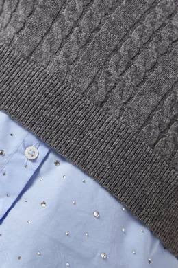 SD Layered Cable-Knit Sweater Top with Rhinestone Embellishments