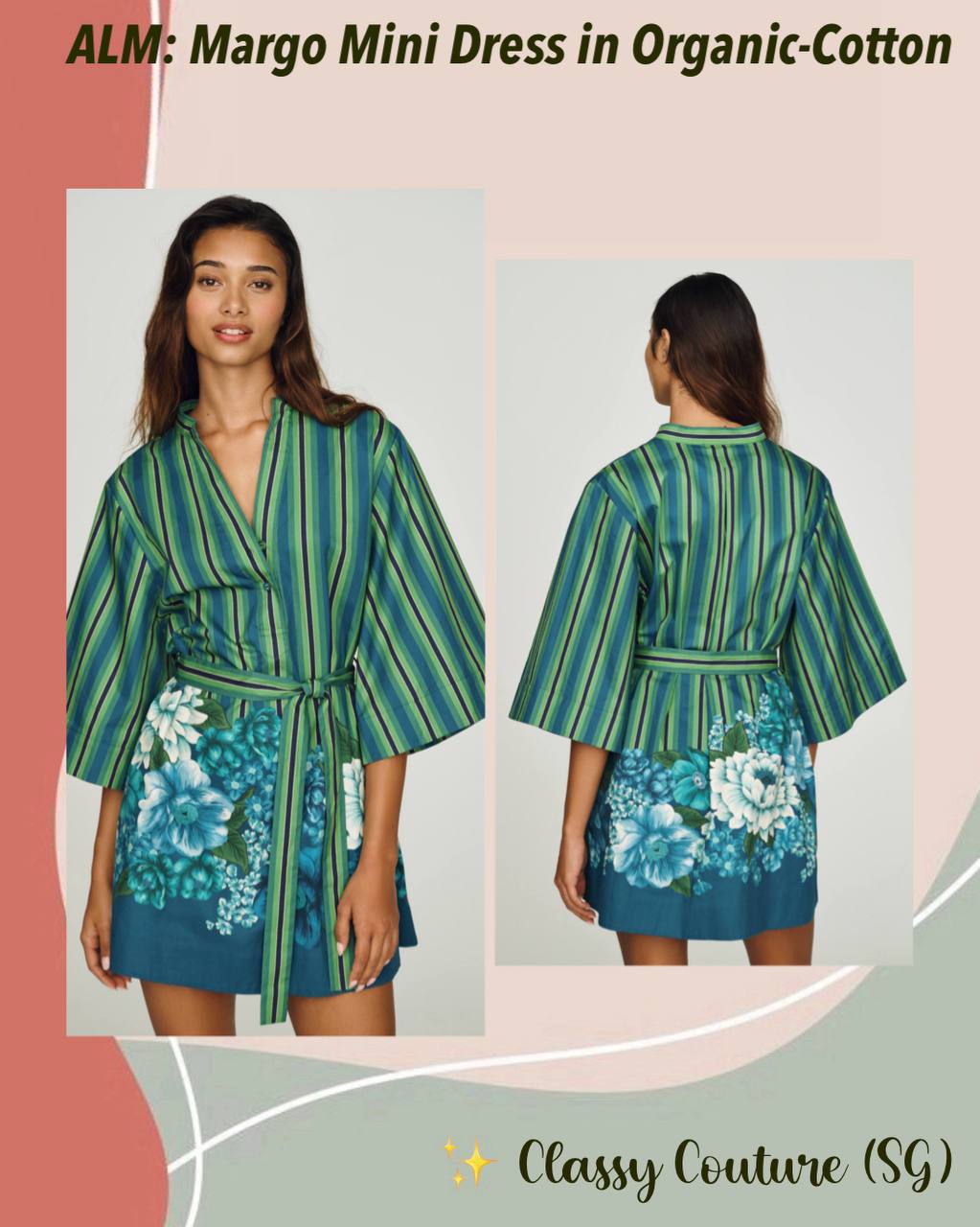 ALM004 Green/Blue Stripe Floral Bloom Organic-Cotton Mini Dress Shirtdress