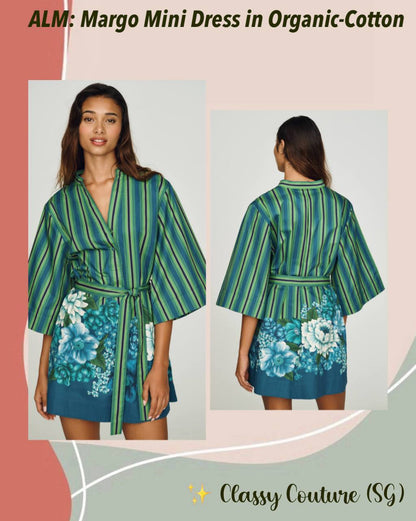 ALM004 Green/Blue Stripe Floral Bloom Organic-Cotton Mini Dress Shirtdress