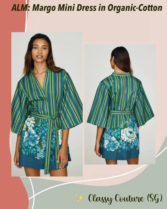 ALM004 Green/Blue Stripe Floral Bloom Organic-Cotton Mini Dress Shirtdress