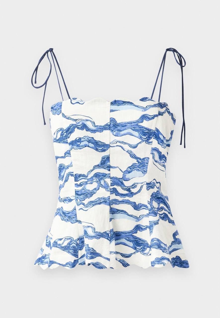 HFM Yara Tie Tank Cami Top | Petra Shorts | Sea/light blue Scallop Hem Cotton-Linen Set