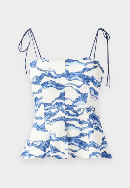 HFM Yara Tie Tank Cami Top | Petra Shorts | Sea/light blue Scallop Hem Cotton-Linen Set