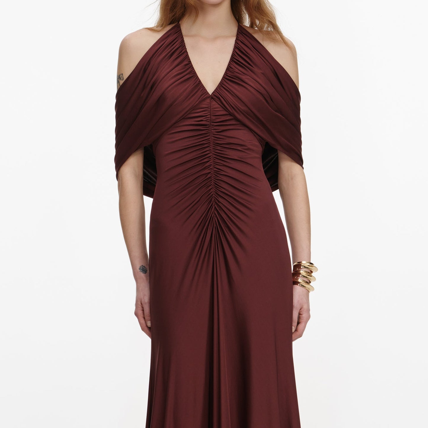 SP Brown Jersey Halter Off-Shoulder Drape Viscose-Blend Midi Dress