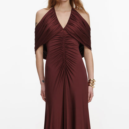 SP Brown Jersey Halter Off-Shoulder Drape Viscose-Blend Midi Dress