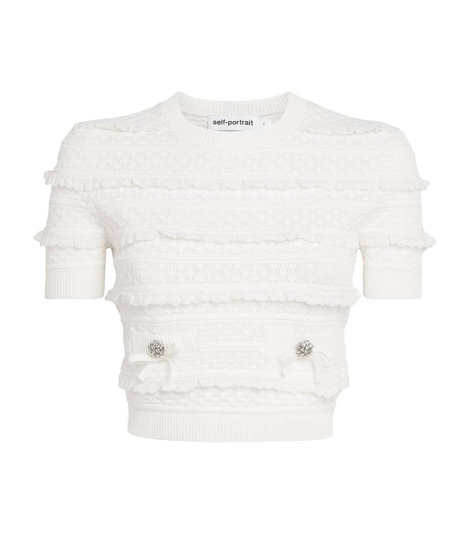 SP White Pointelle Short-Sleeve Sweater Top | Midi Skirt | Set