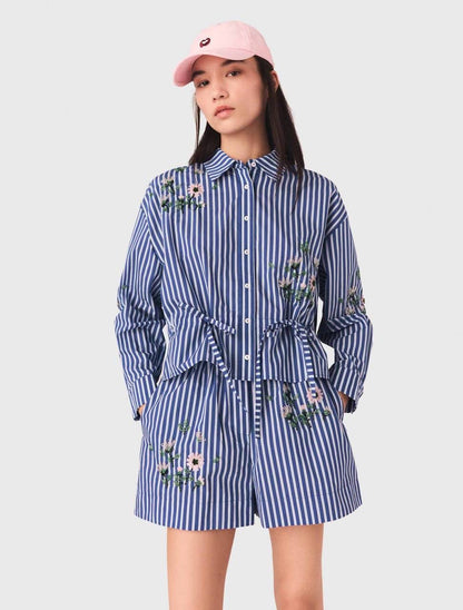 MJ Embroidered Bead Sequin Stripe Shirt | Shorts | Cotton-blend Set