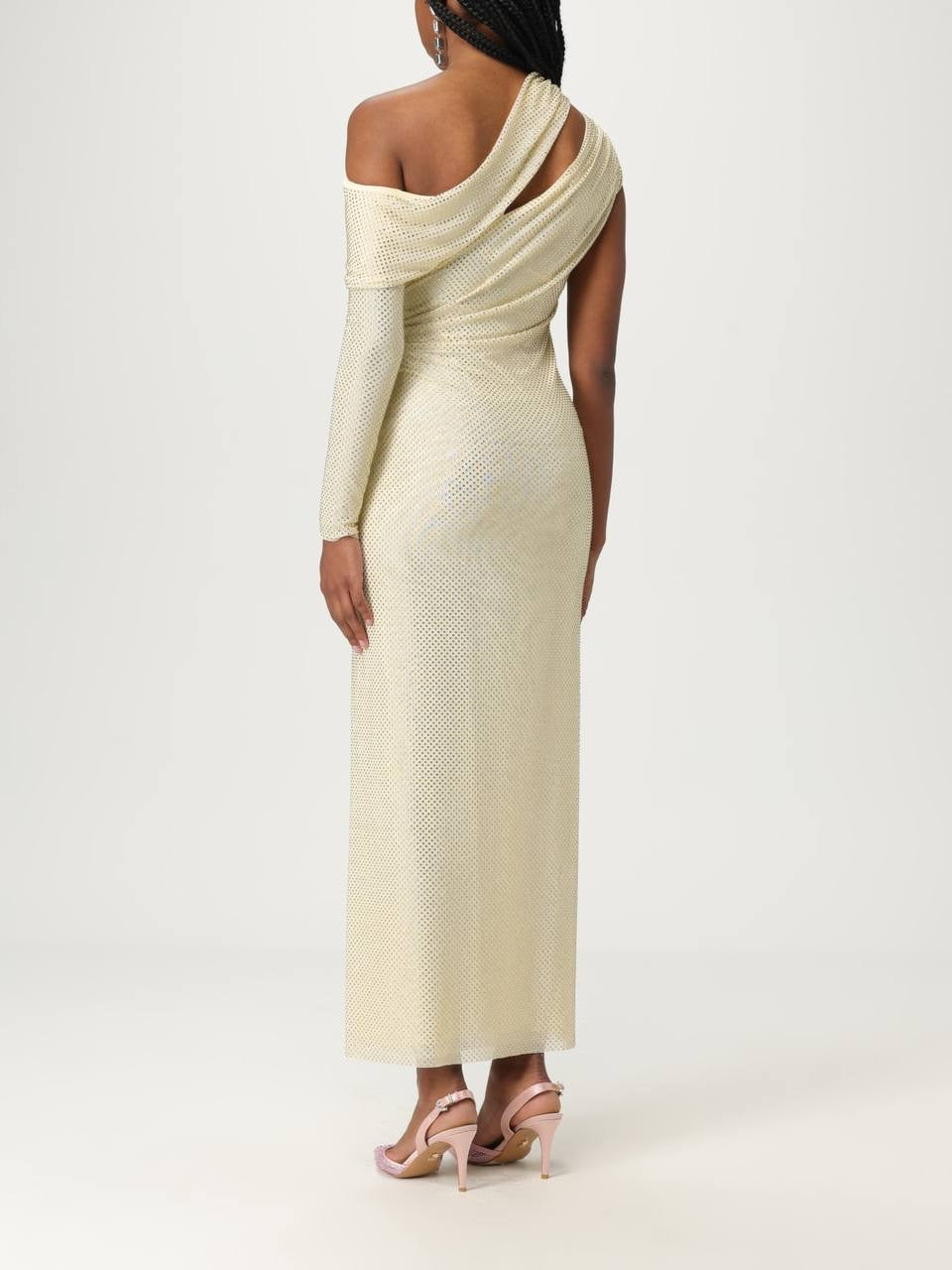 SP Yellow Asymmetric Rhinestone Gathered Midi Dress