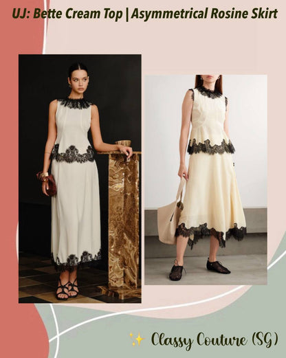 UJ Bette Cream Top | Asymmetrical Rosine Midi Skirt | Silk Set