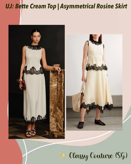 UJ Bette Cream Top | Asymmetrical Rosine Midi Skirt | Silk Set