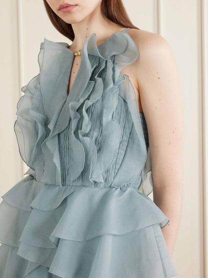 AJ Cleo Ruffle Tiered Organza Keyhole Gown Maxi Dress