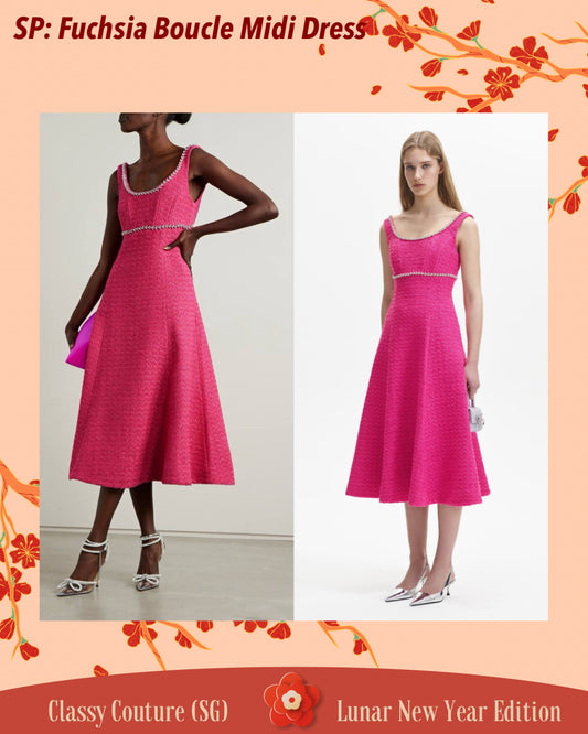 SP Fuchsia Boucle Midi Dress | Crystal Embellished Pink Tweed