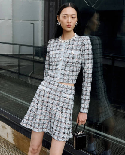 SP Blue Check Knit Cropped Cardigan | Mini Skirt | Set