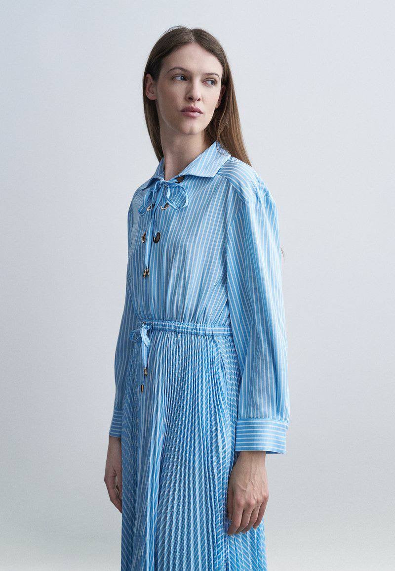 MJ Rossima Pleated Stripe Eyelet Midi Maxi Dress ShirtDress
