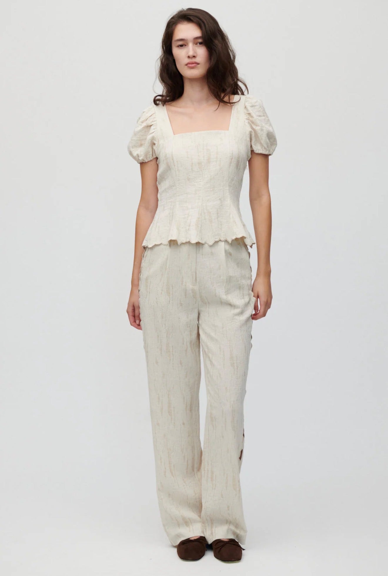 HFM Kira Puff Sleeve Top | Aura Pant Trousers | Scalloped Hem Edge Cotton-linen blend Set