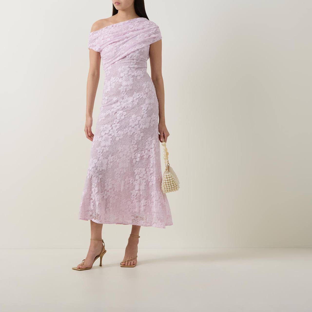 SP Pink Rhinestone Floral Lace Off Shoulder Midi Dress